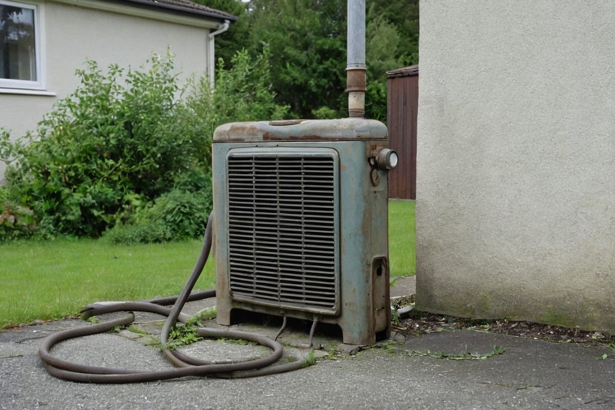 An old gas wall heater removed and set aside, ready to be disconnected and taken for scrap metal recycling