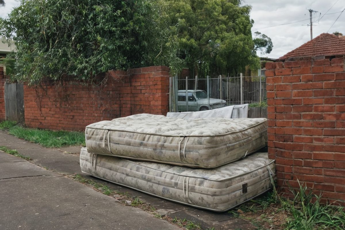 Two old mattresses leaning against a brick fence outside a Melbourne home awaiting professional removal
