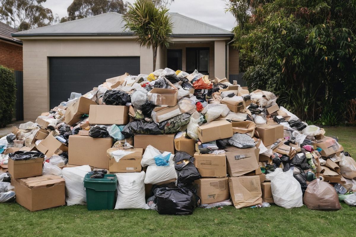 Neatly organised household rubbish pile on a Melbourne front lawn ready for cheaper rubbish removal