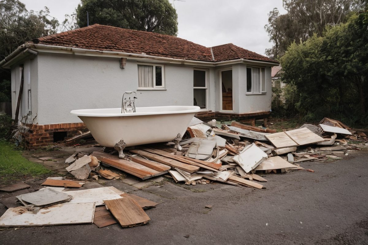 A heavy pile of bathroom renovation debris, broken tiles, an old vanity and an enamel bath, ready for removal