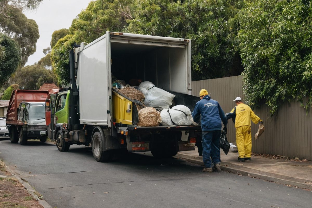 Professional rubbish removal truck with crew loading household rubbish from a Melbourne home