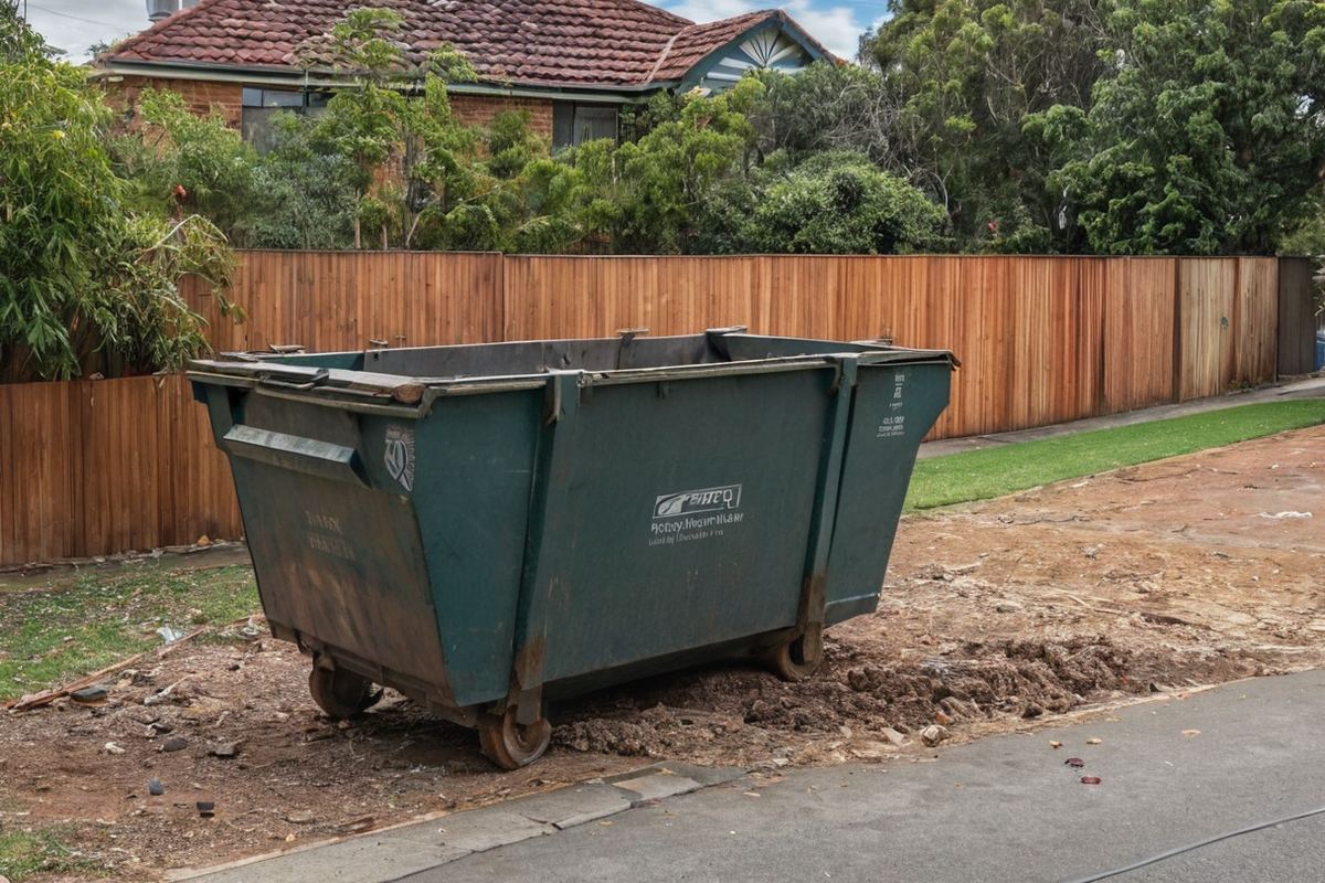 Large metal skip bin on a Melbourne driveway filled with mixed renovation waste