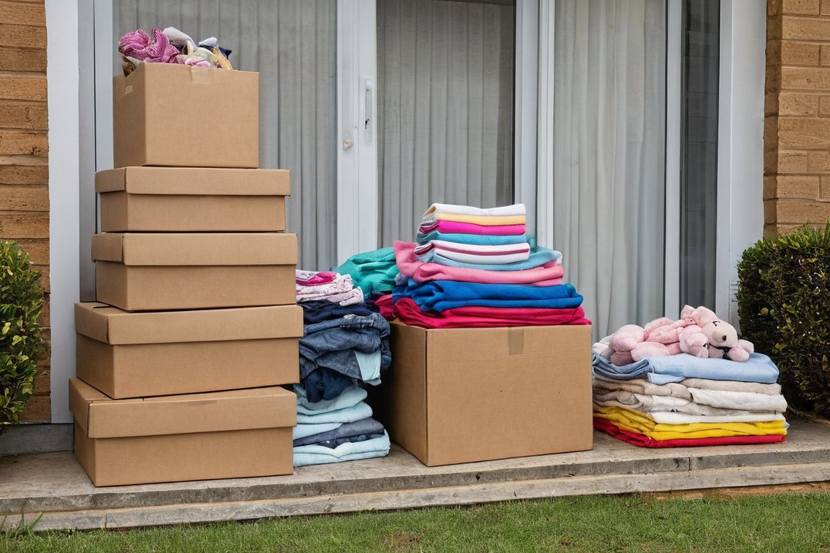 Boxes and bags of sorted children's clothes, books and toys by the front door, ready to donate