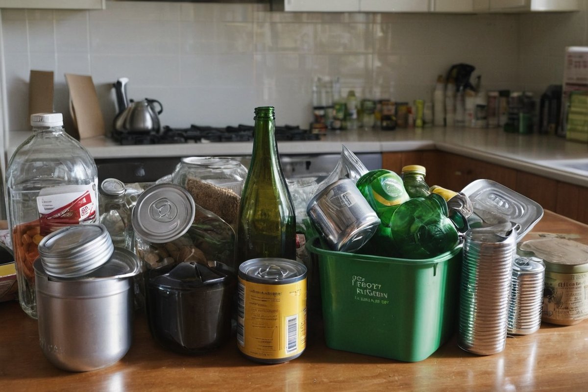 Sorted recycling materials including glass, aluminium cans, cardboard and plastic on a Melbourne kitchen bench