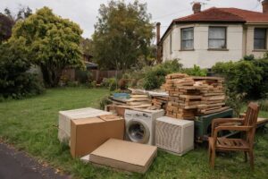 A pile of household hard rubbish, including a washing machine, timber and boxes, stacked on a nature strip in inner Melbourne