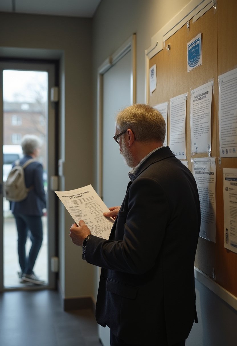 Owner reads a strata rubbish removal notice on the apartment block noticeboard beside the lobby entrance