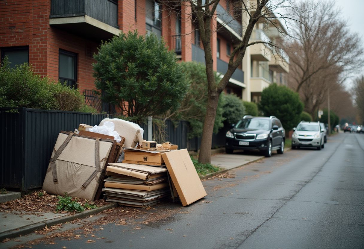 Bulky waste and flattened boxes stacked kerbside outside an apartment block, left for council hard-waste collection