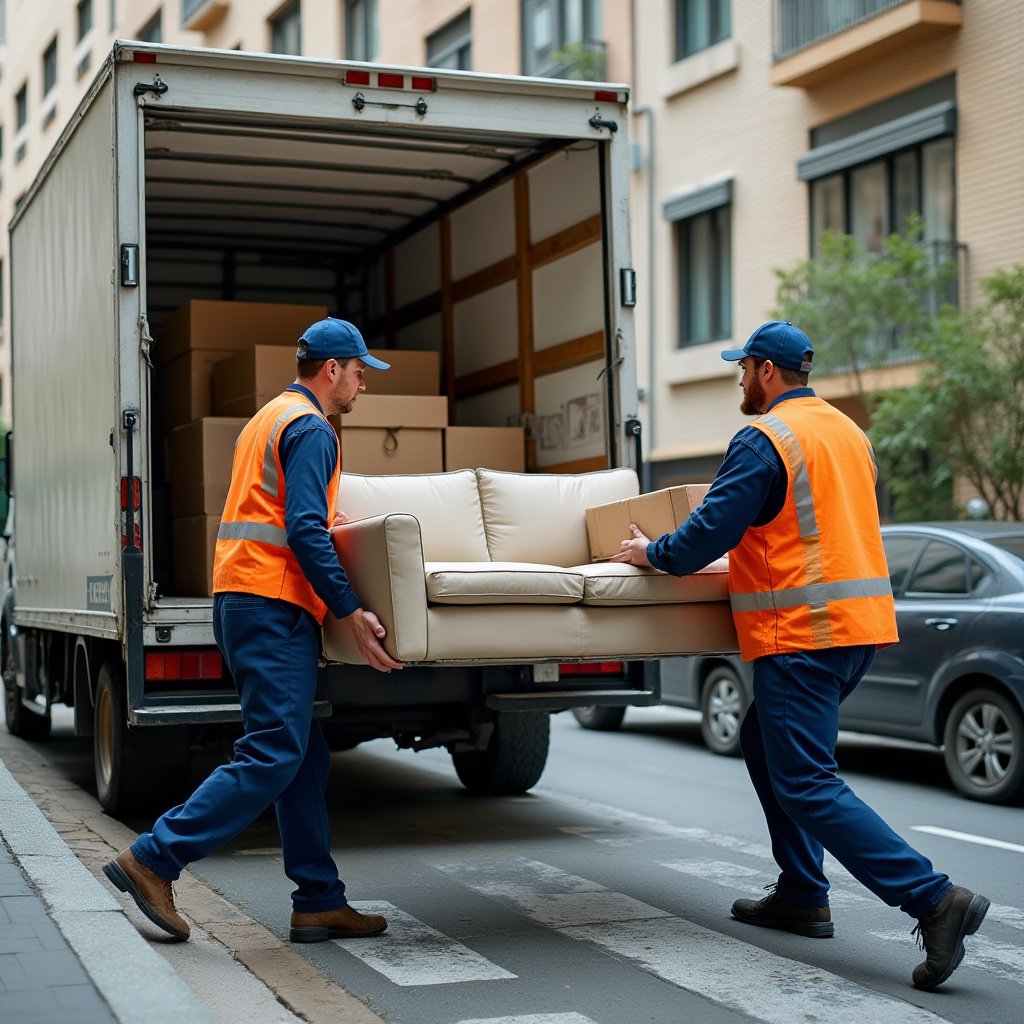 Two removalists carrying an old sofa from an apartment building to a truck, an option when strata rubbish removal rules restrict skip bins