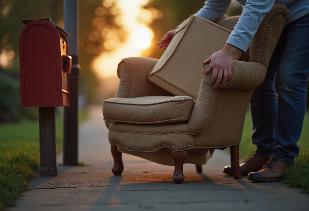 Resident placing an upholstered armchair kerbside near a mailbox for Boroondara hard rubbish collection at sunset