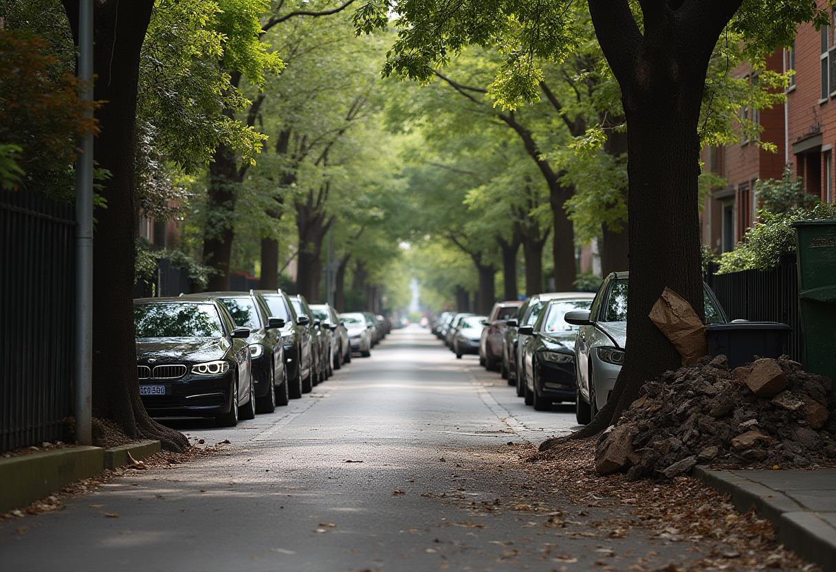 Rubble and a bagged pile beside a tree on a leafy Boroondara street, cars parked along the heritage kerb