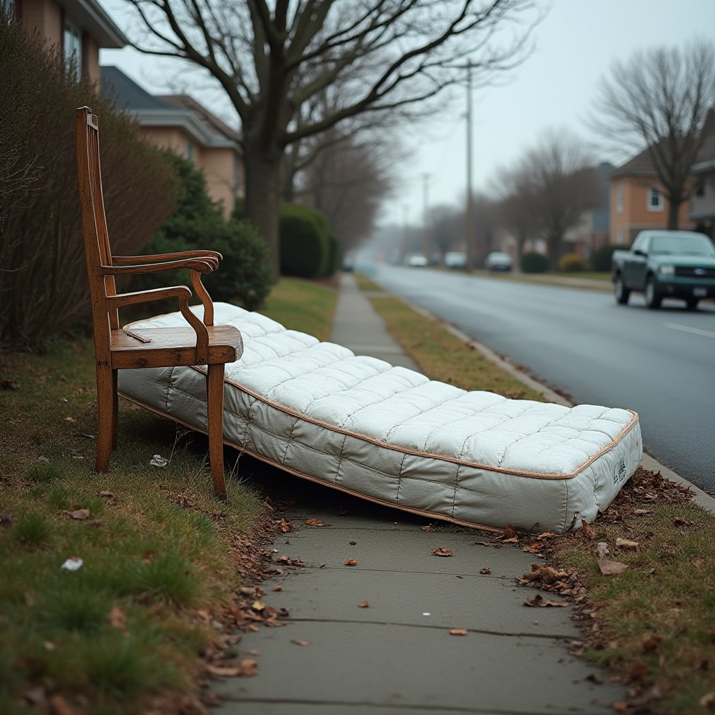 Wooden armchair and mattress dumped on a nature strip beside a suburban footpath, a common illegal dumping issue in Boroondara