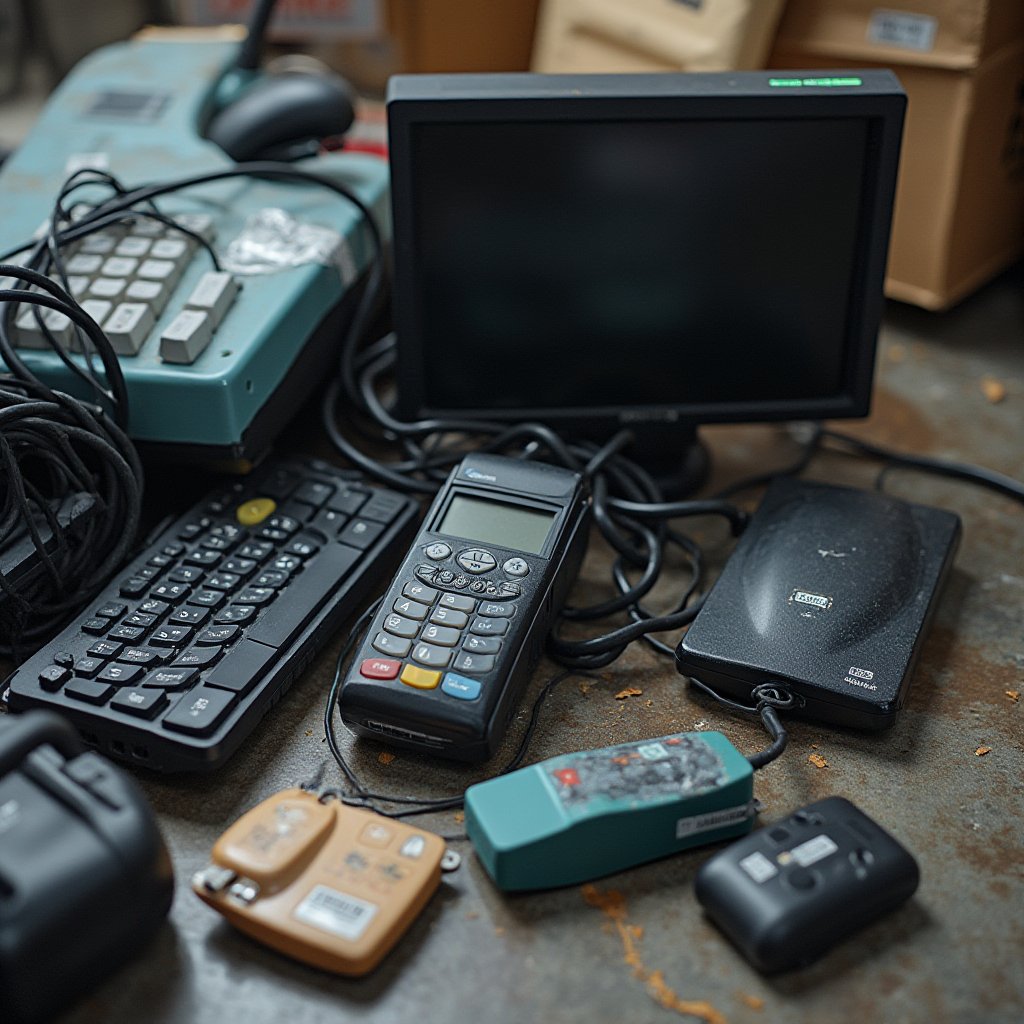 Old EFTPOS terminal, monitor, keyboards and cables collected as commercial e-waste from a Melbourne business