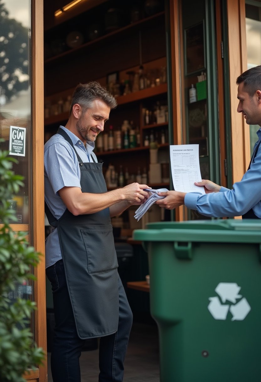 Melbourne shop owner in apron signs a licensed EPA collector's waybill beside a green e-waste recycling bin at his storefront