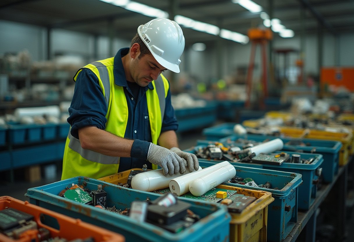 Certified recycler worker sorting lithium batteries and circuit boards into bins during business e-waste removal in Melbourne
