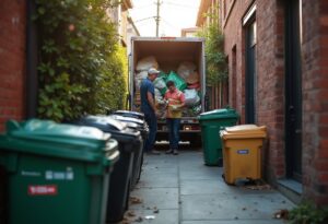 Two workers sorting business waste recycling into a truck in a Melbourne laneway lined with green and yellow wheelie bins.