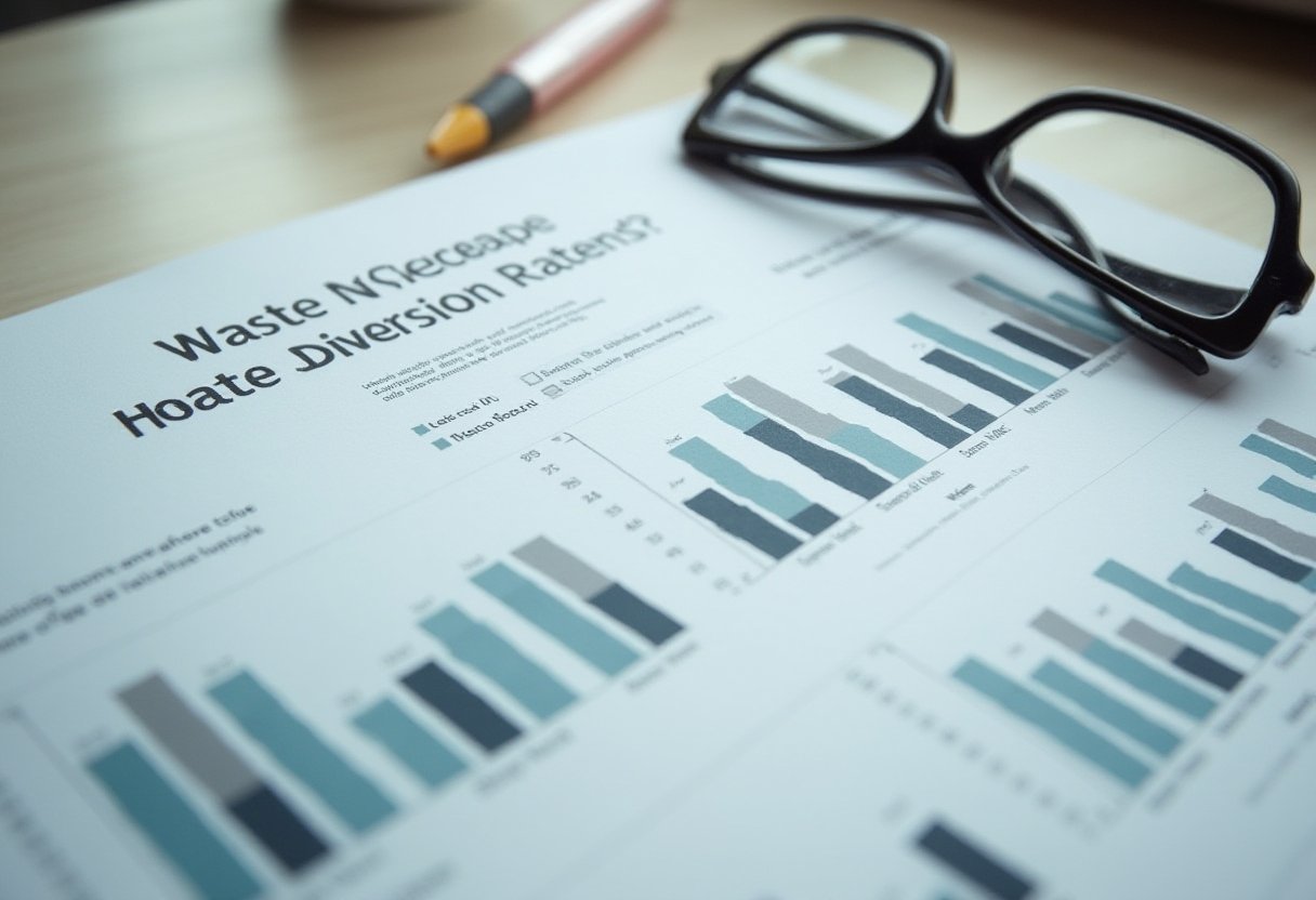 Printed report with waste diversion rate bar charts and reading glasses, illustrating circular economy market data for Melbourne businesses