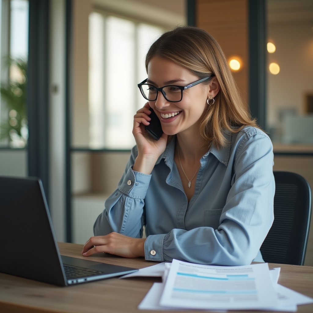 Melbourne business owner on the phone to a waste recycling coordinator while reviewing service documents at her laptop