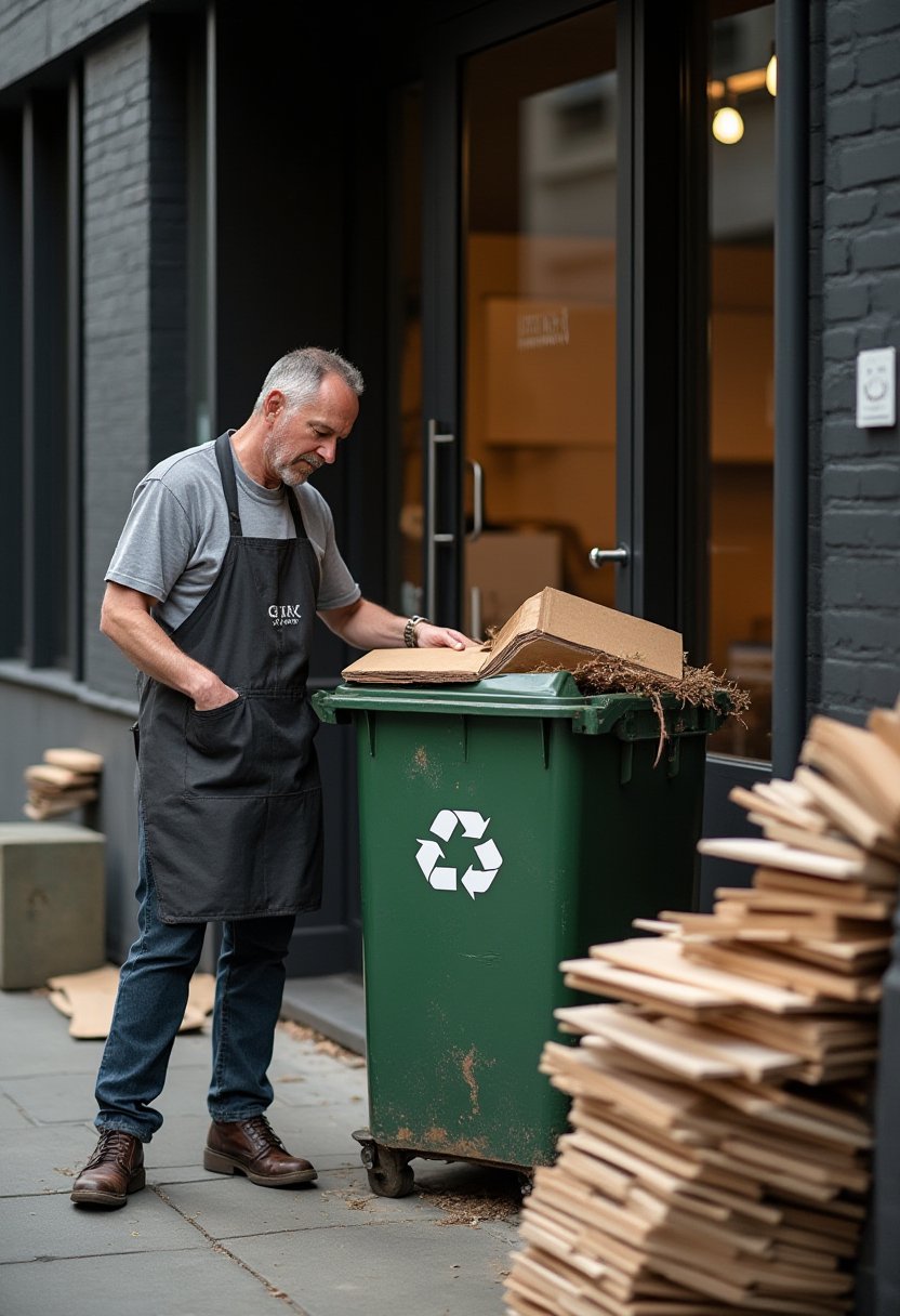 Melbourne business owner sorting cardboard into a green recycling bin outside a shopfront with offcut timber stacked nearby