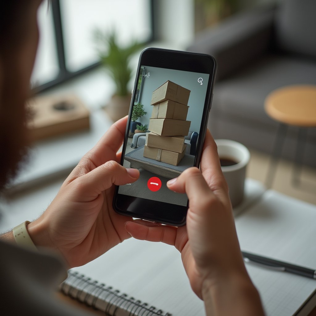Person on a video call viewing stacked moving boxes, coordinating remote estate clearance for a Melbourne deceased estate from interstate