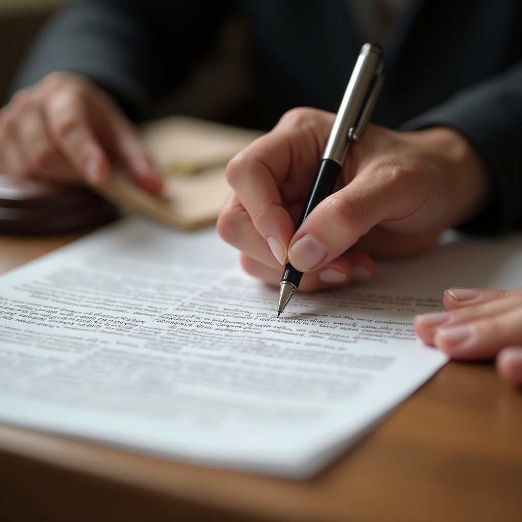 Close-up of a hand signing legal paperwork with a pen, part of the Melbourne deceased estate remote estate clearance process
