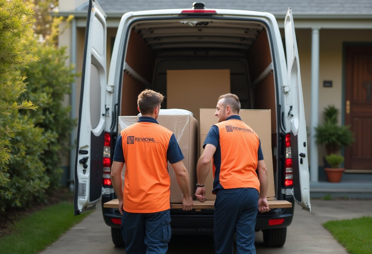 Removalists loading wrapped furniture and boxes into a van during a Melbourne deceased estate interstate clearance