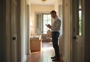 Executor checks his phone in a sunlit hallway beside a packed box, coordinating deceased estate timeline tasks like rubbish removal