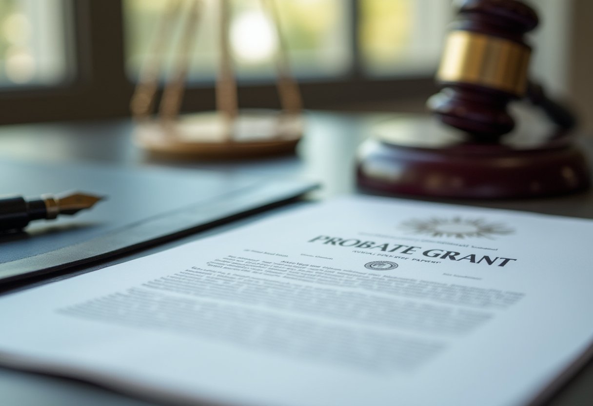 Probate grant document on a solicitor's desk with fountain pen, scales and gavel, marking the start of the deceased estate timeline