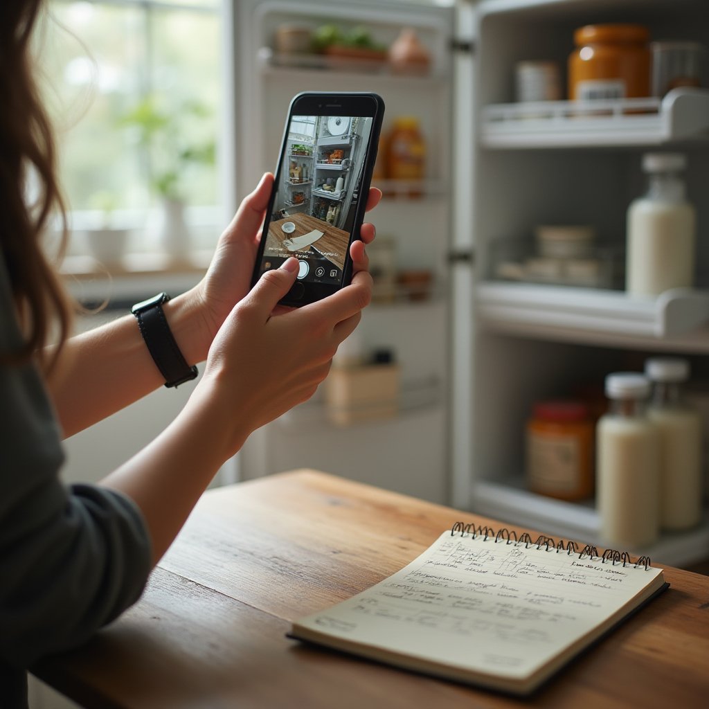 Person photographing fridge contents with a phone, notebook nearby, as an executor documents items before probate