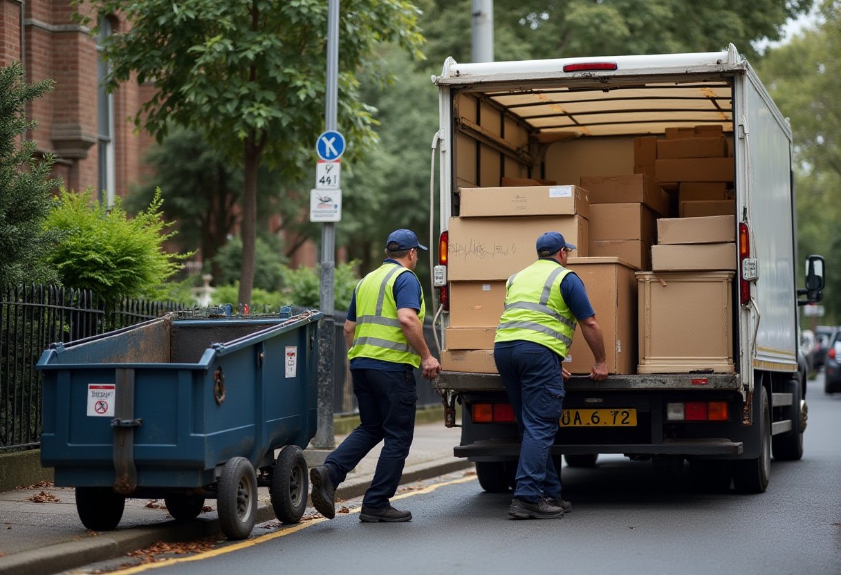 Two workers in hi-vis vests load boxes onto a rubbish removal truck beside a skip bin during a deceased estate clear-out
