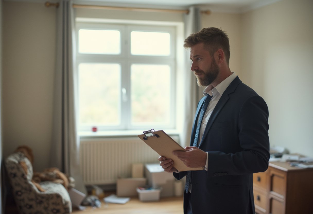 Property manager holding a clipboard inspects a rental room cluttered with leftover boxes and rubbish before bond cleanup