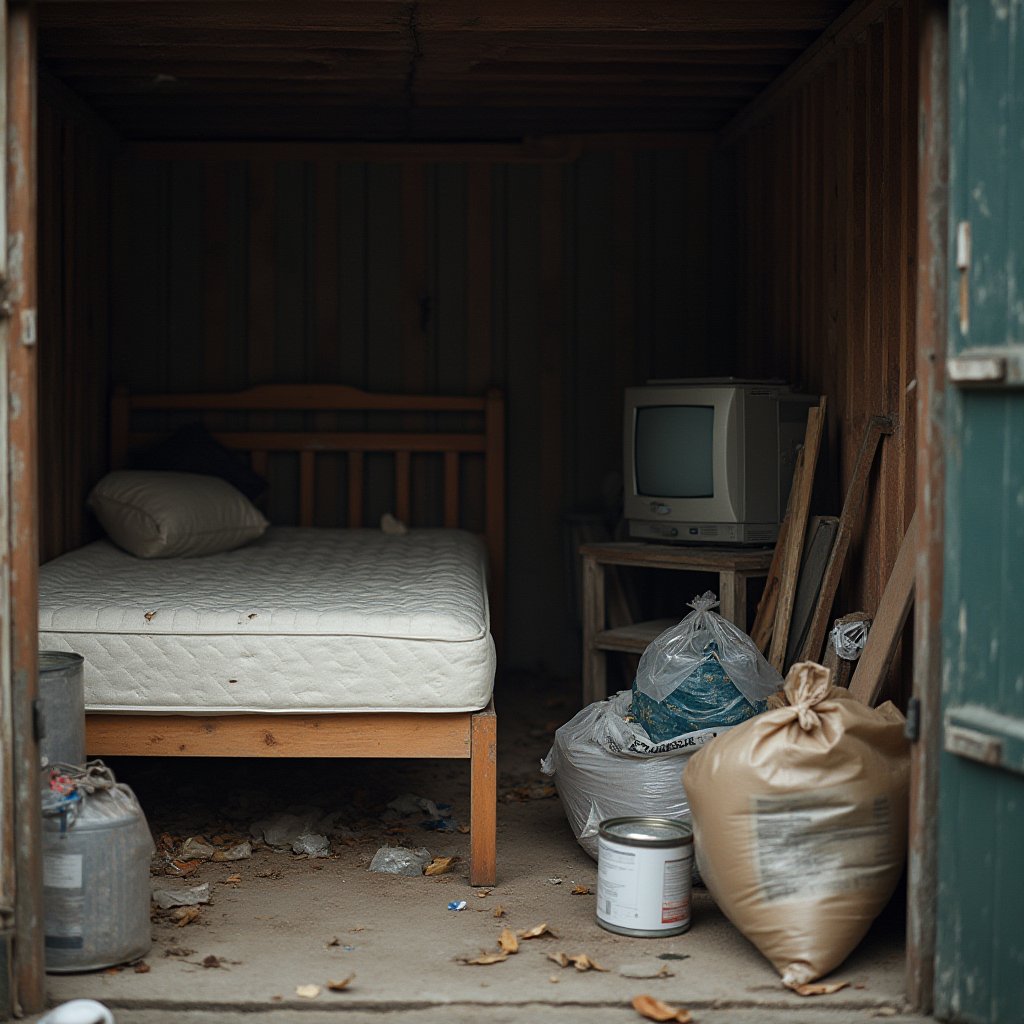Abandoned shed with old mattress, bed frame, CRT TV and rubbish bags left behind after a tenancy ends