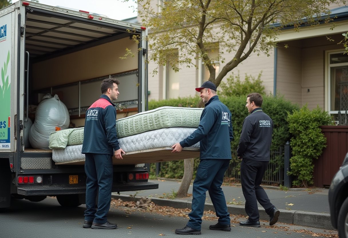 Removalists loading an old mattress into a truck during a paid rubbish removal at a rental property end of lease