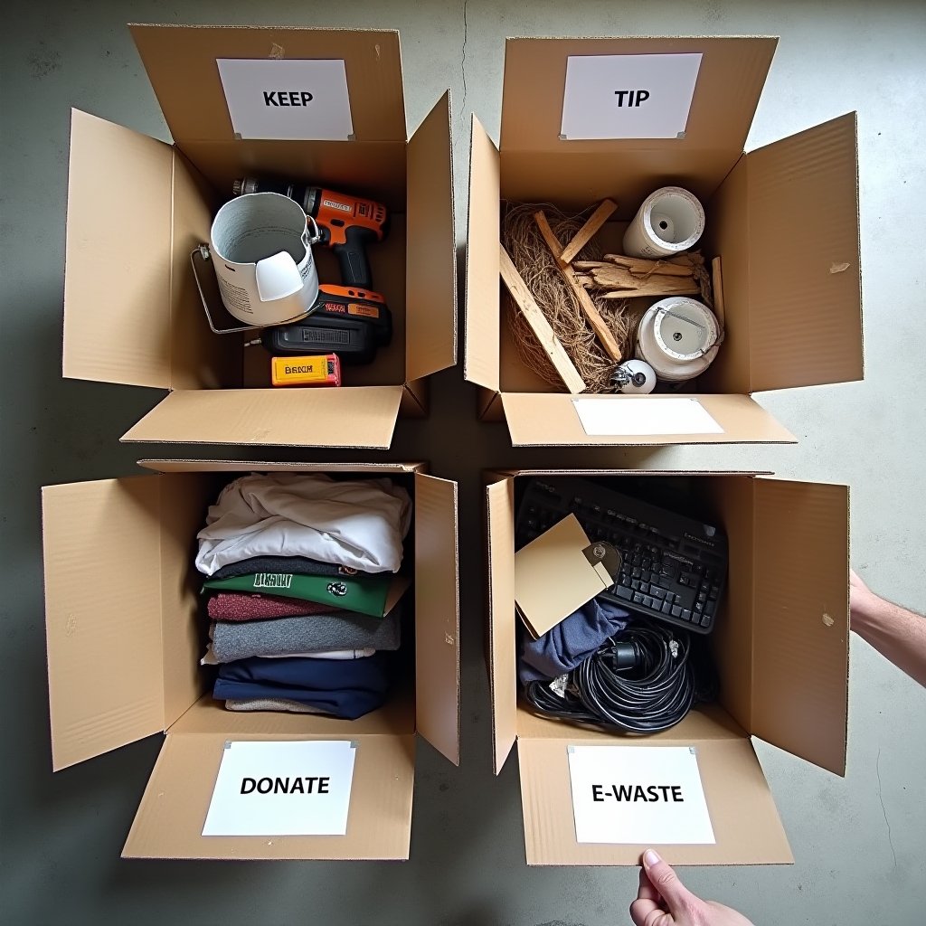 Four labeled boxes—Keep, Tip, Donate, E-Waste—used to sort garage clutter during a garage cleanout