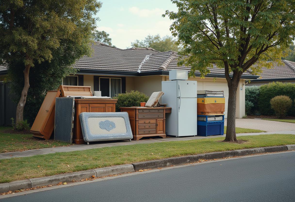 Old fridge, mattress and wooden dresser left on a suburban kerb ahead of council hard rubbish collection