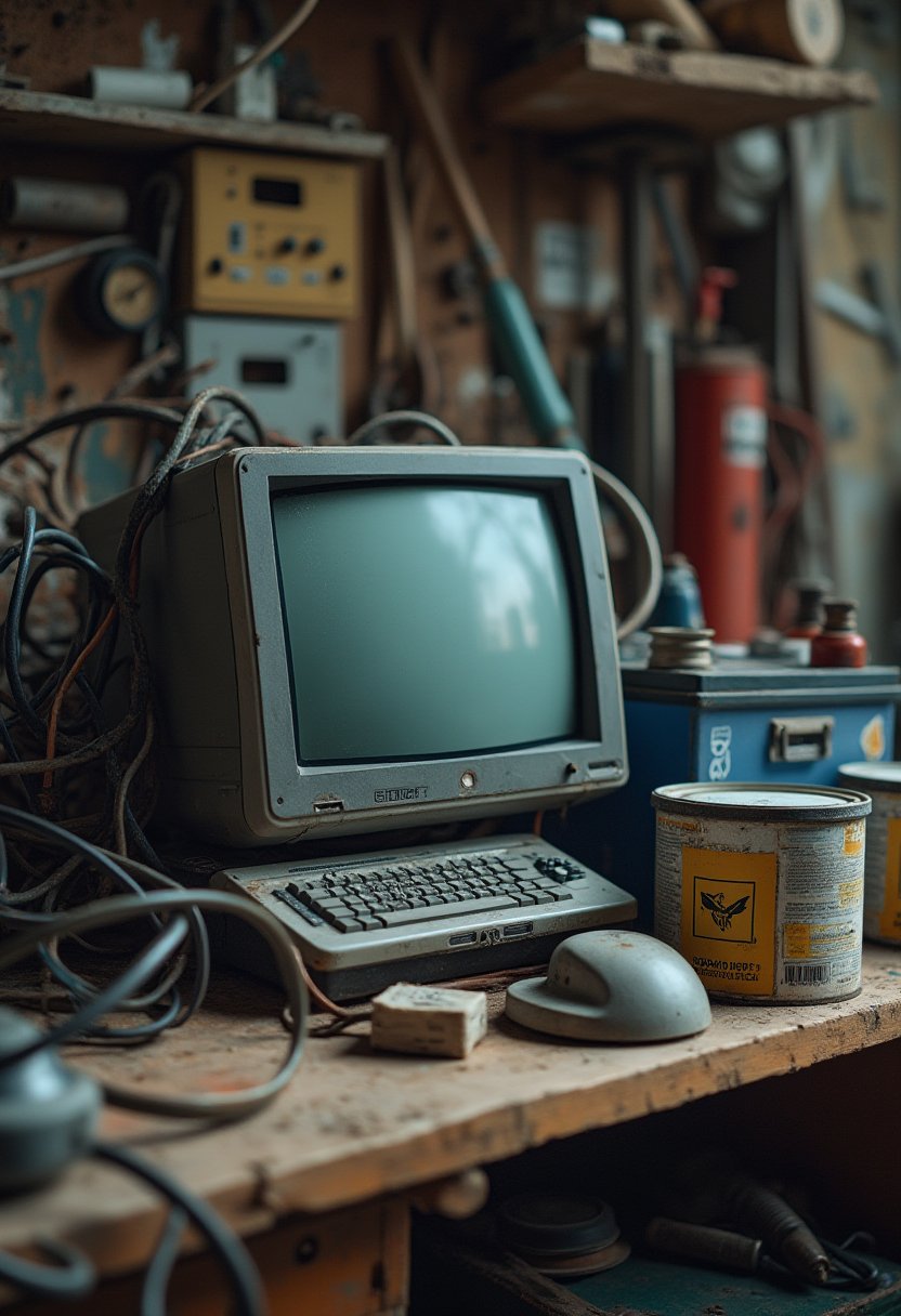 Old CRT monitor, keyboard, and paint cans on a cluttered garage workbench, ready for a garage cleanout