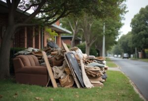 Brown couch, rolled carpet and cardboard piled on a leafy nature strip for Glen Eira hard rubbish collection