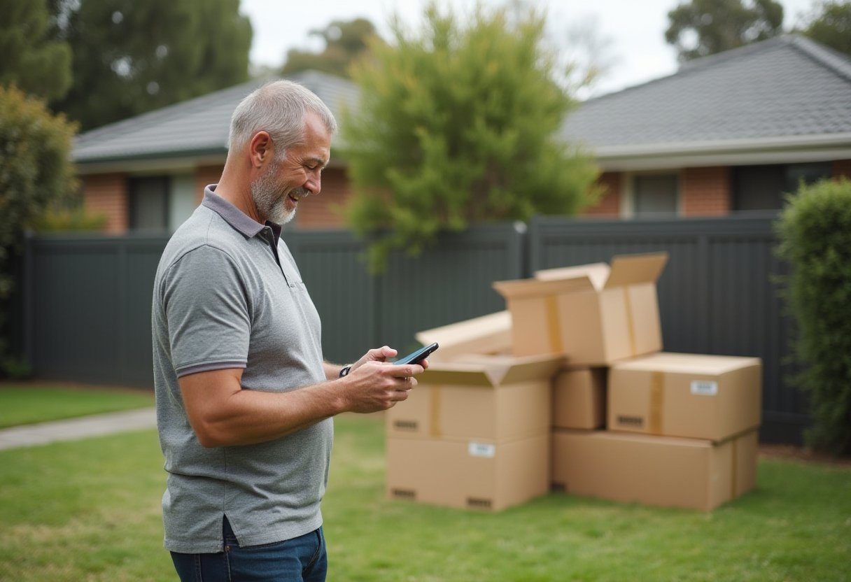 Man booking his Glen Eira hard rubbish collection on a smartphone beside stacked cardboard boxes in the front yard