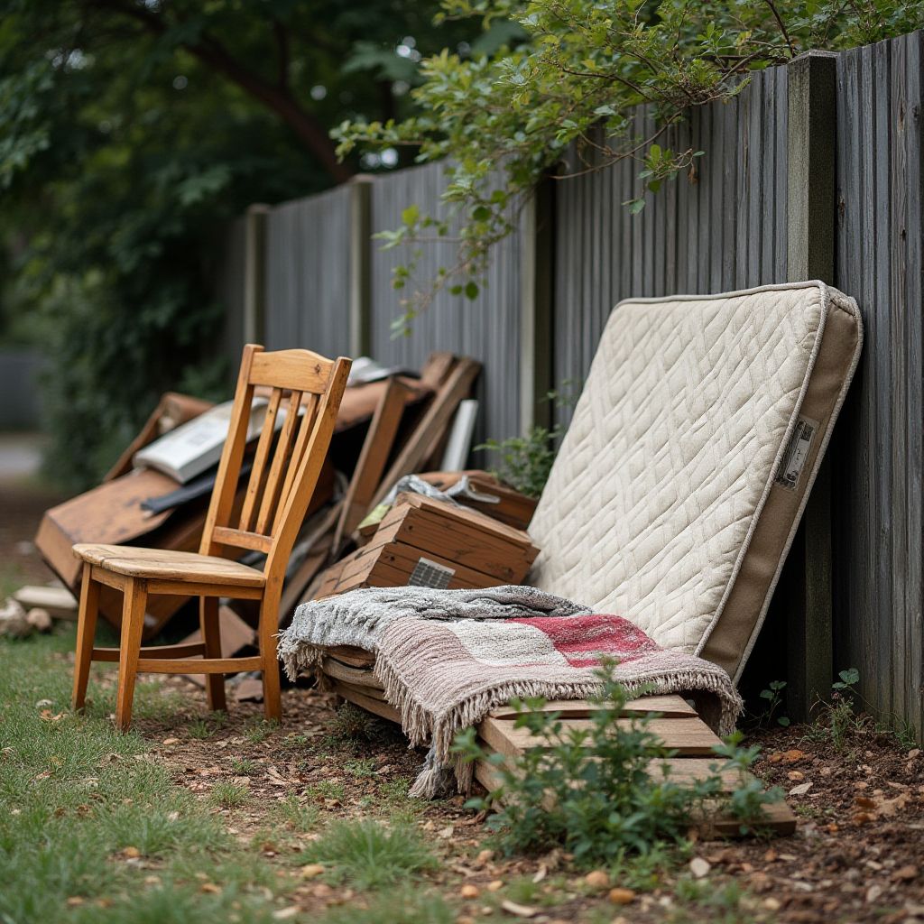 Mattress, wooden chair and old furniture piled by a fence, allowed items for glen eira hard rubbish collection