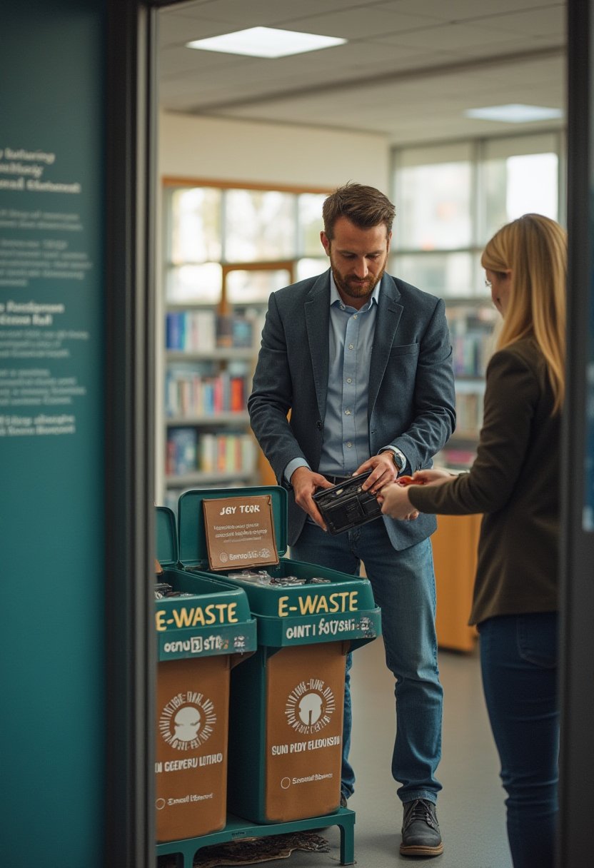 Man drops old batteries into an e-waste bin at a Glen Eira library battery drop-off point