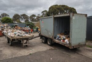 A domestic box trailer piled with household rubbish at a Melbourne waste transfer station on an overcast day