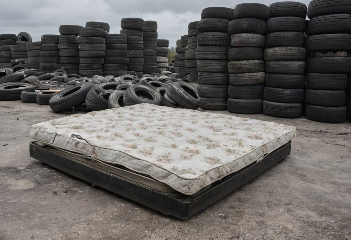 An old mattress and stacks of used car tyres dumped at a Melbourne transfer station, the kind of items that attract extra tip fees