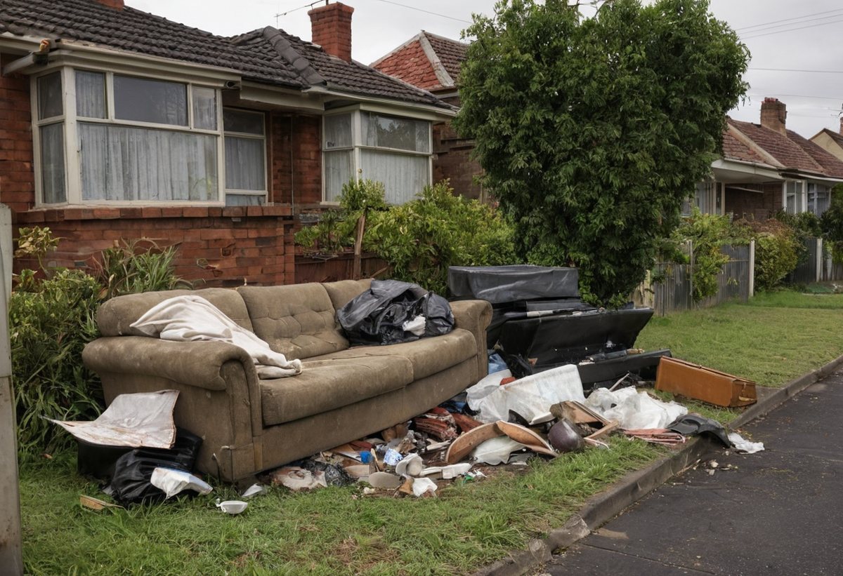 An old couch and household junk piled on a suburban Melbourne nature strip for hard rubbish collection
