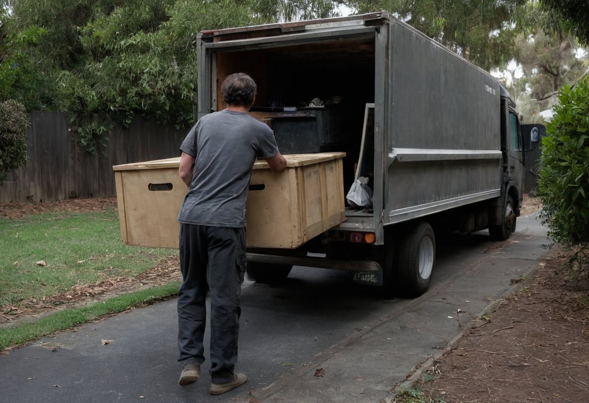 A rubbish removal worker carrying an old cabinet to a truck on a Melbourne street, an alternative to a trip to the tip