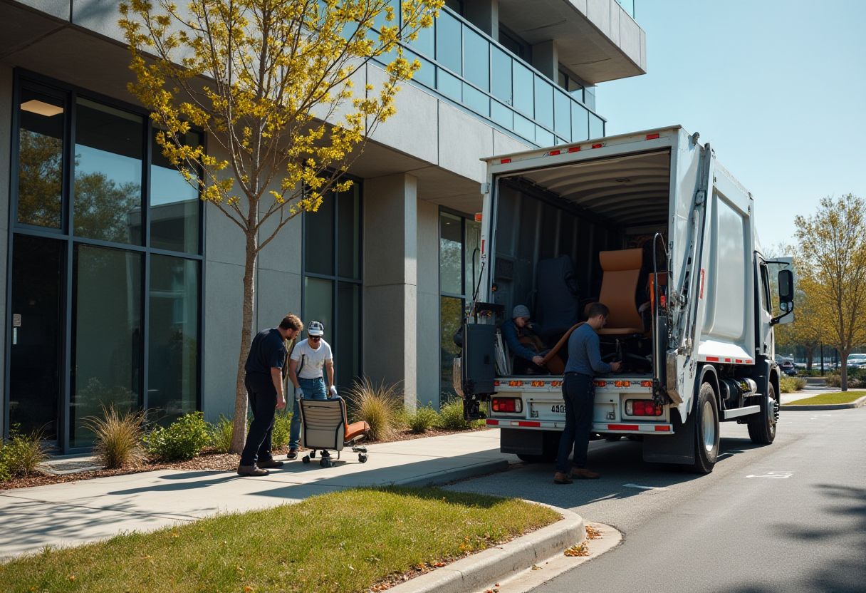 Removalists loading office chairs and furniture into a truck outside a commercial building for disposal