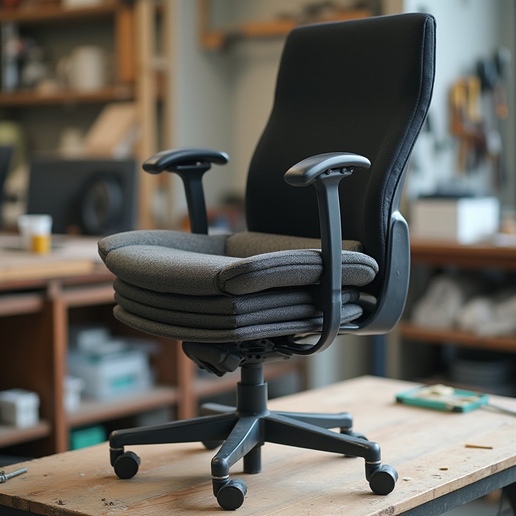 Black mesh office chair with adjustable armrests on a workbench, showing components separated for office furniture disposal
