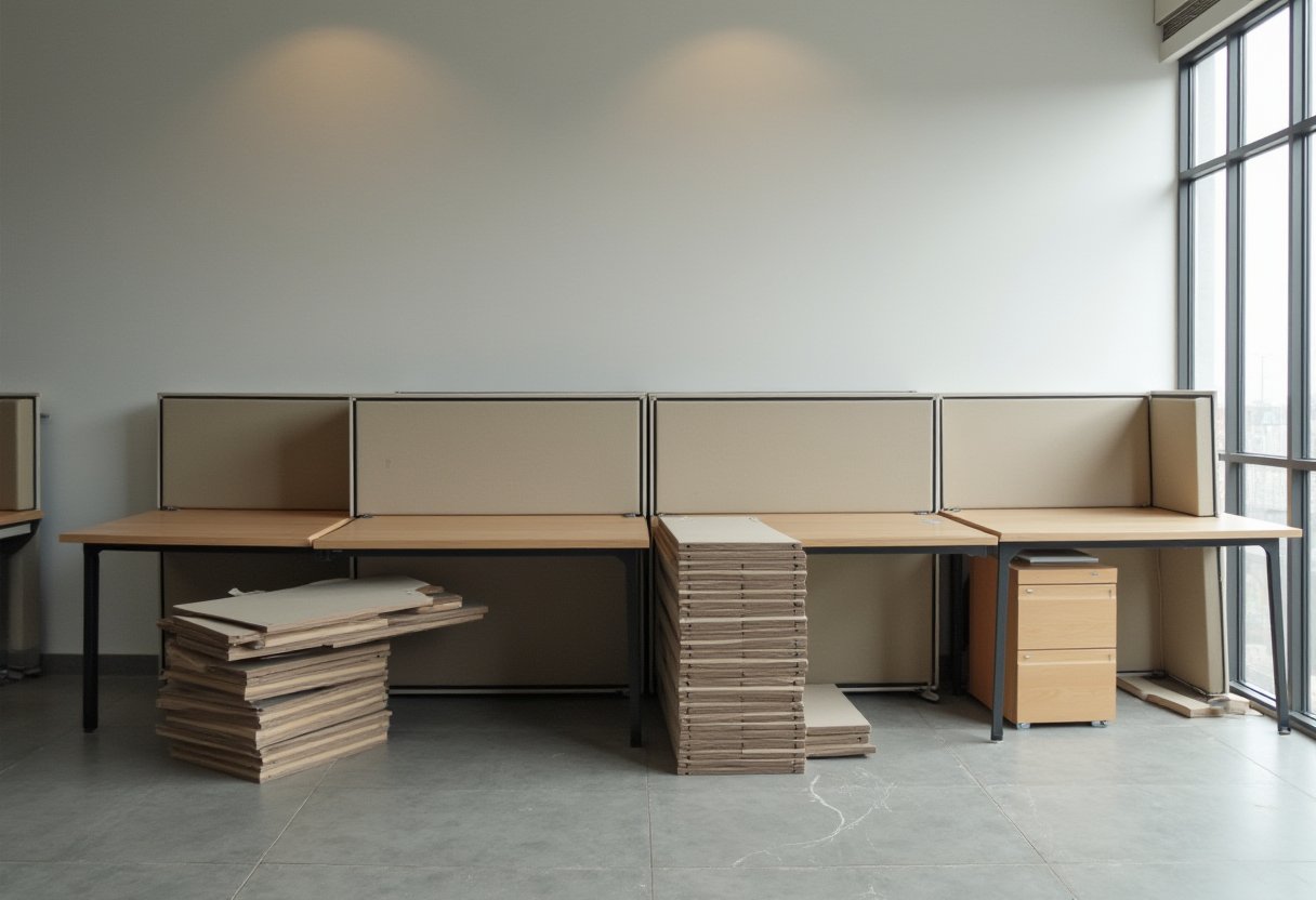 Row of cubicle desks with fabric partitions and stacked flat-pack panels ready for office furniture disposal
