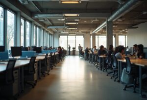 Open-plan office with empty desks on one side, staff working at desks on the other — office downsizing in progress.