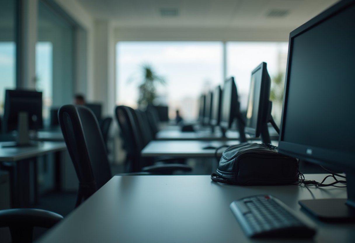 Row of empty desks with unused monitors and keyboards in a dimly lit Melbourne office, showing why office downsizing suits vacant workstations