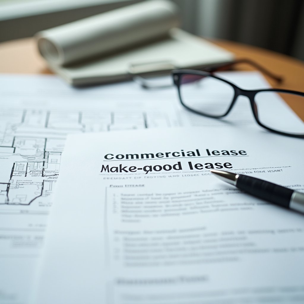 Commercial lease document with make-good clause and floor plan, pen and glasses resting on top of the office fitout paperwork