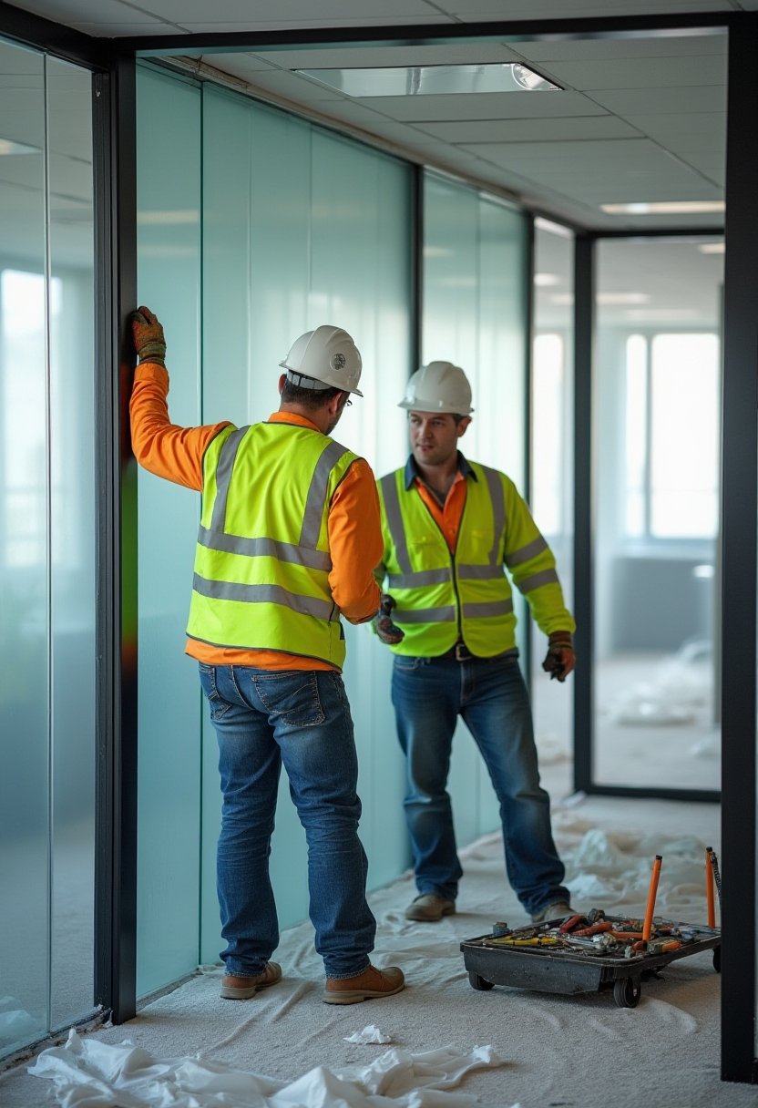 Contractors in hi-vis vests removing a glass partition wall during a partial office fitout removal